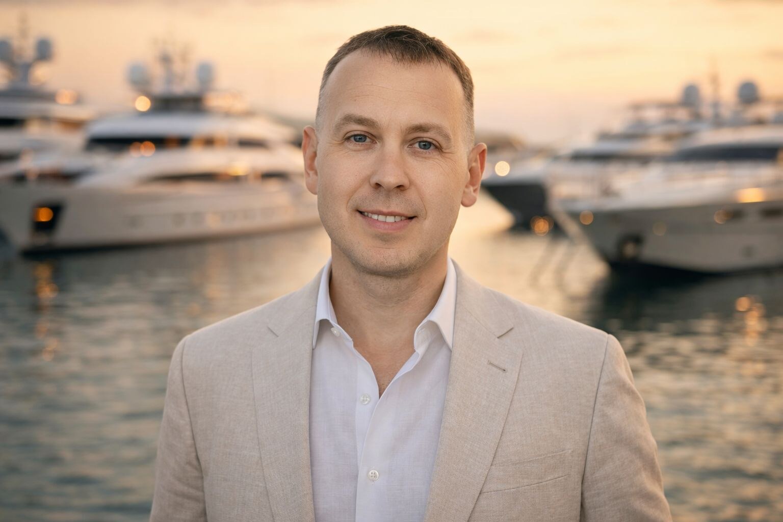 Vlado Houba at a yacht marina at golden hour